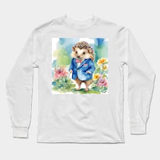 Cute Hedgehog in a blue jacket watercolor illustration Long Sleeve T-Shirt